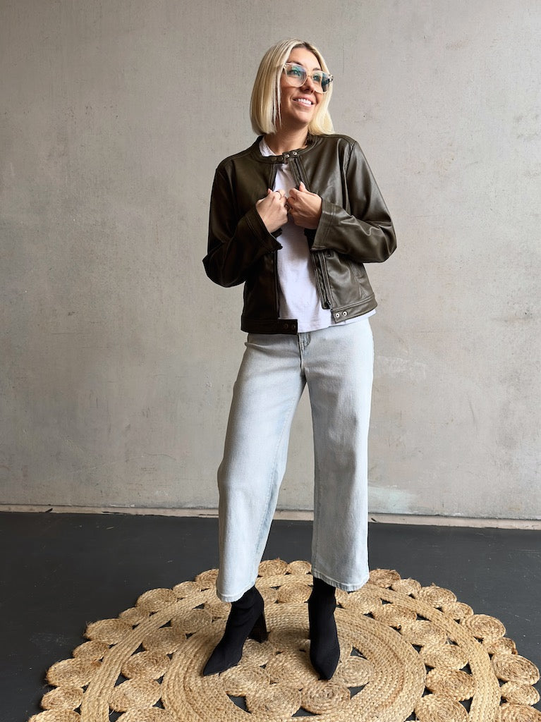 Vegan Leather Moto Jacket - Olive