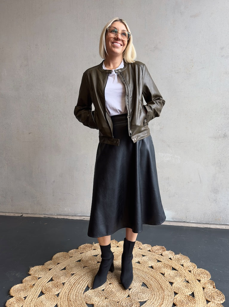 Vegan Leather Moto Jacket - Olive