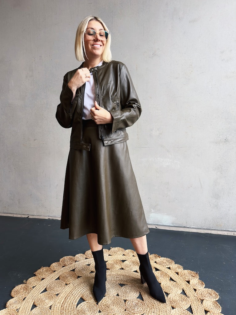 Vegan Leather Skirt- Olive