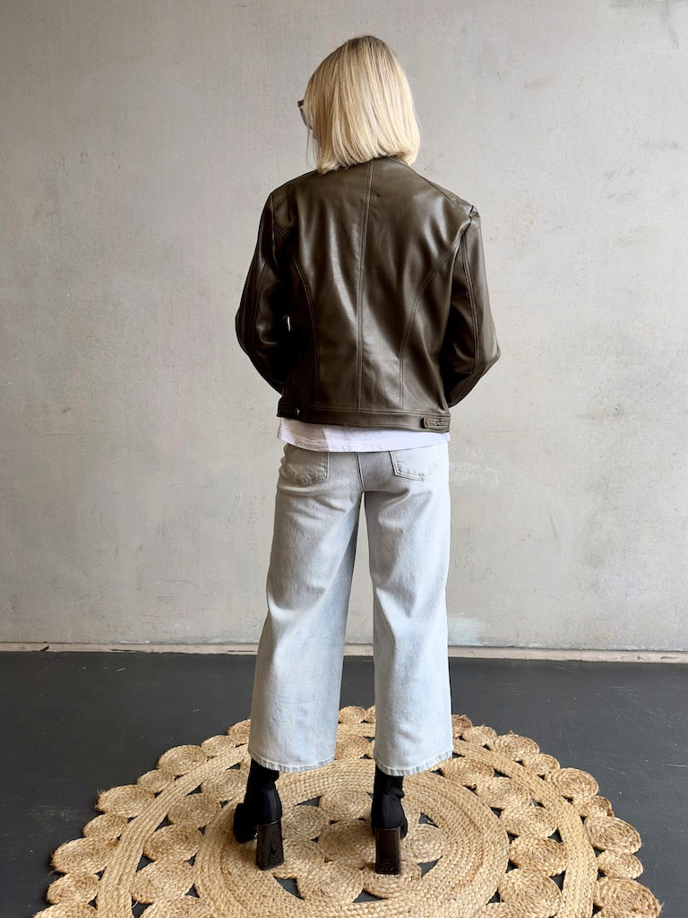 Vegan Leather Moto Jacket - Olive