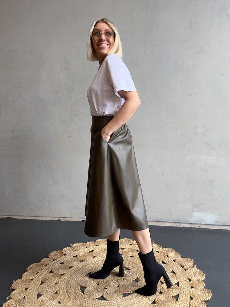 Vegan Leather Skirt- Olive