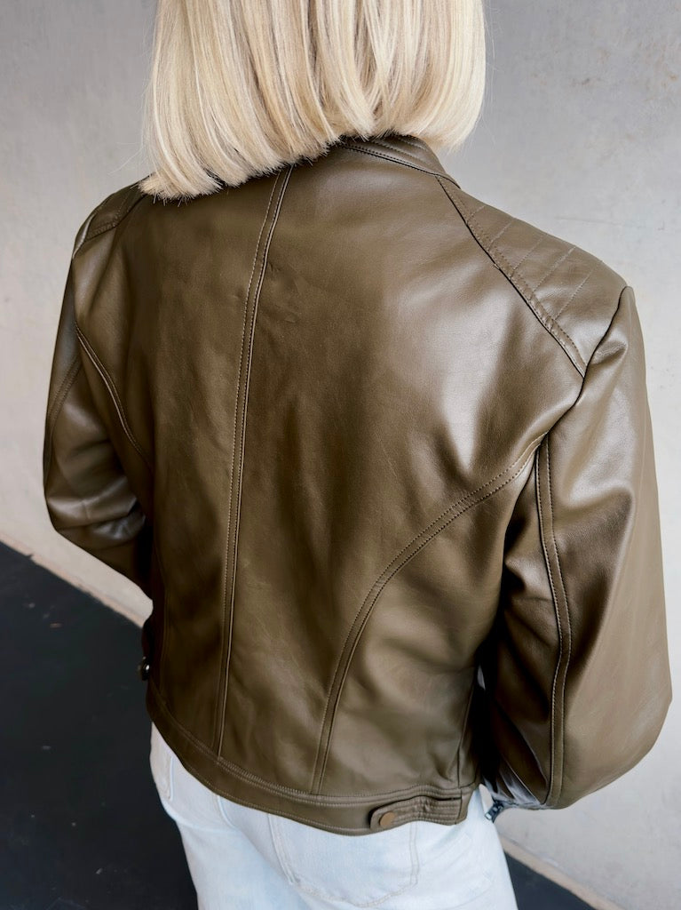 Vegan Leather Moto Jacket - Olive