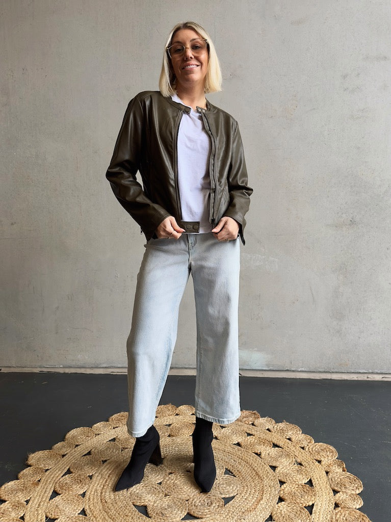 Vegan Leather Moto Jacket - Olive