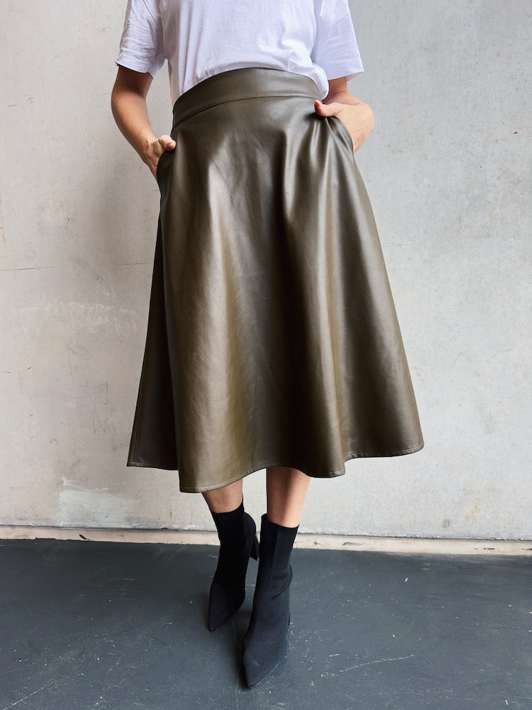 Vegan Leather Skirt- Olive