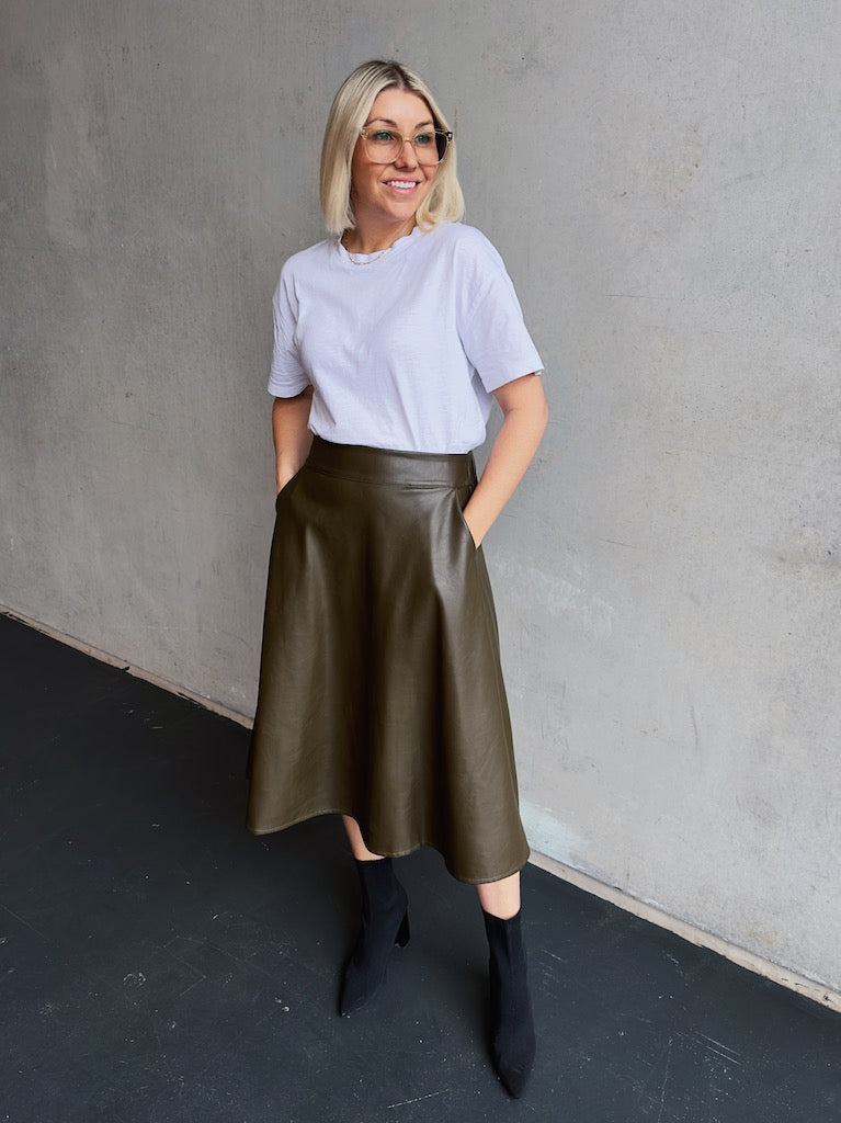 Vegan Leather Skirt- Olive