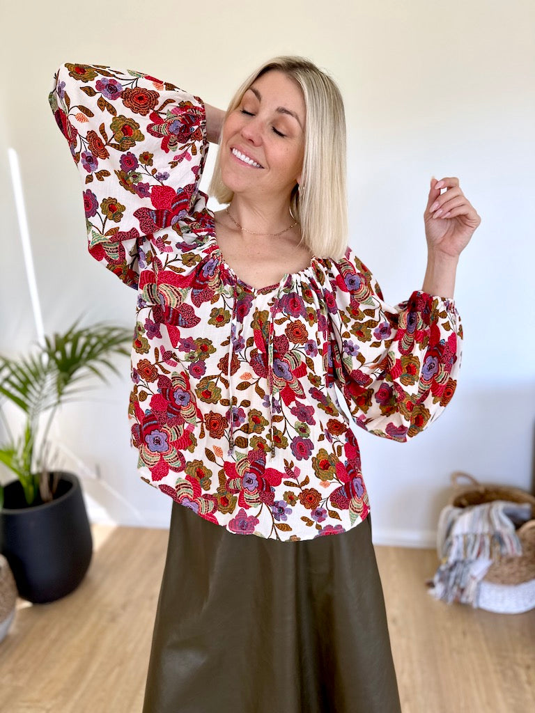 Louise Top - Red Floral